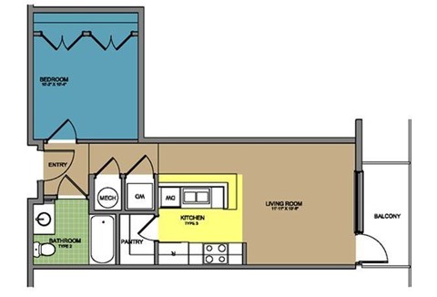 Floor plan for 1 bed, 1 bath, 551 sqft